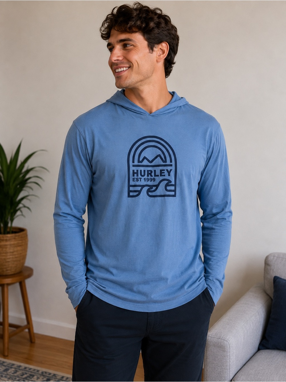 Hurley Light Blue Crewneck Hoodie with Navy Logo